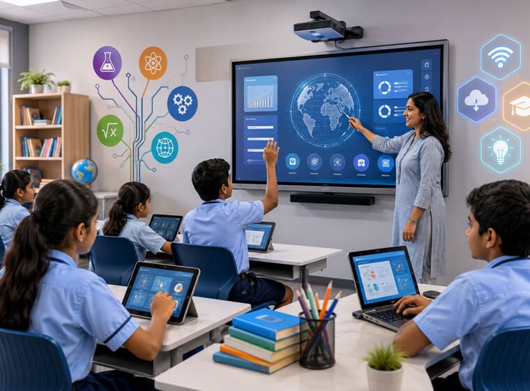 Students learning in a smart classroom